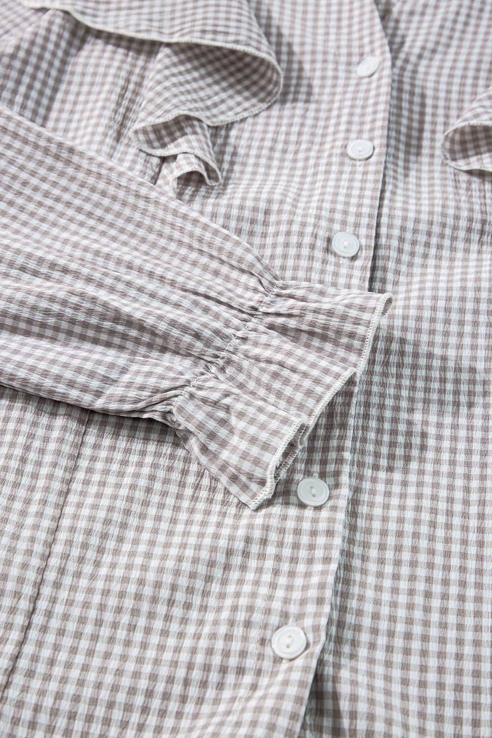 Brown Plaid Flounce Sleeve Notched Neck Ruffled Shirt - Love Salve